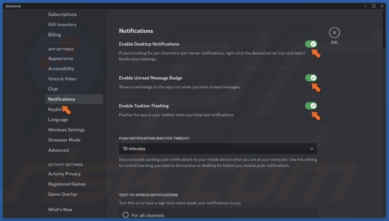 Select Notifications and enable all notification-related options