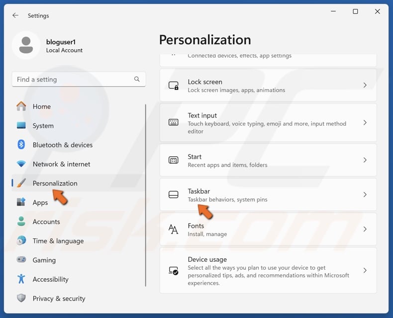 Select the Personalization panel and select Taskbar