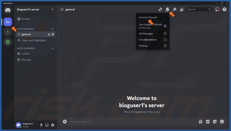 Click the Bell icon and click Unmute Channel