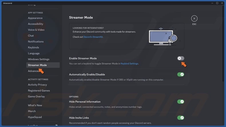 Select Streamer Mode panel and toggle off the Enable Streamer Mode