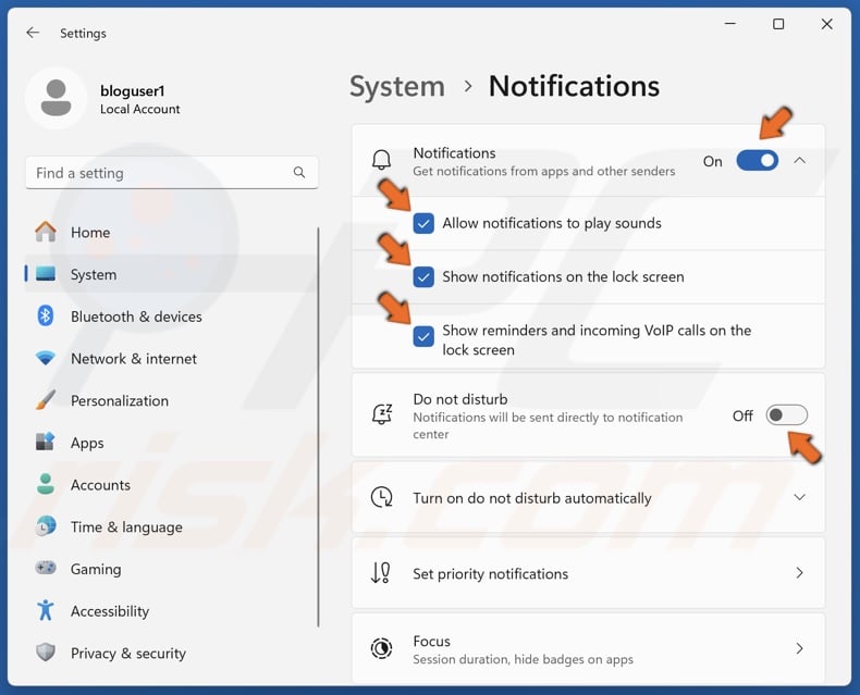 Toggle on the Notifications slider, enable all notofication options and disable the Do not disturb option