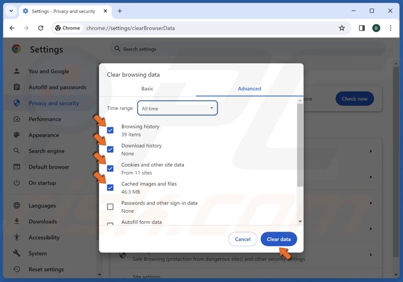 Mark the Browsing history, Download history, Cookies and other site data, and Cached images and files checkboxes and click Clear data