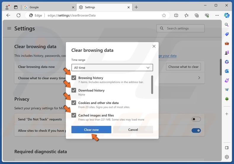 Mark the Browsing history, Download history, Cookies and other site data, and Cached images and files checkboxes and click Clear now