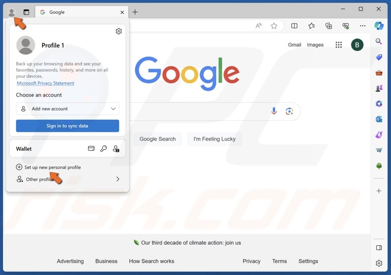 Click your browser profile icon and click Set up a new personal profile