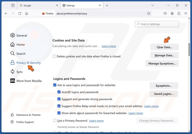 Select the Privacy & Security panel and click Clear Data