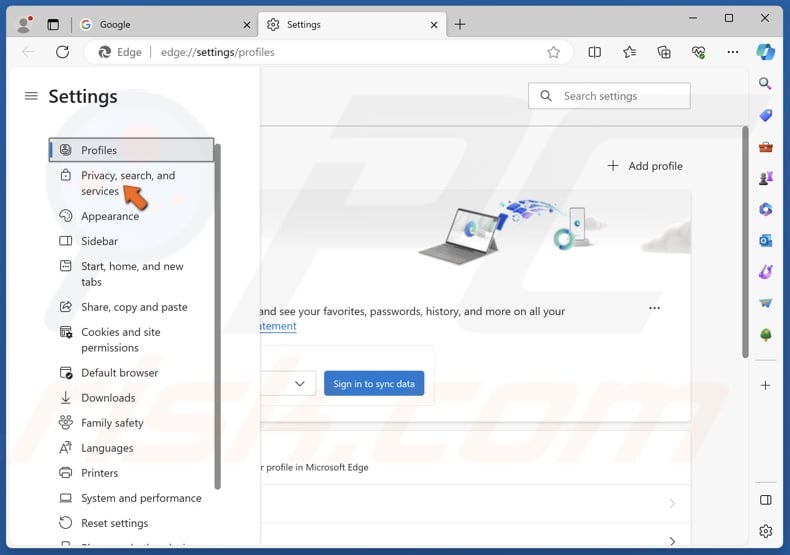 Select the Privacy, search, and services panel