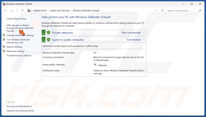 Click Allow an app or feature through Windows Defender Firewall