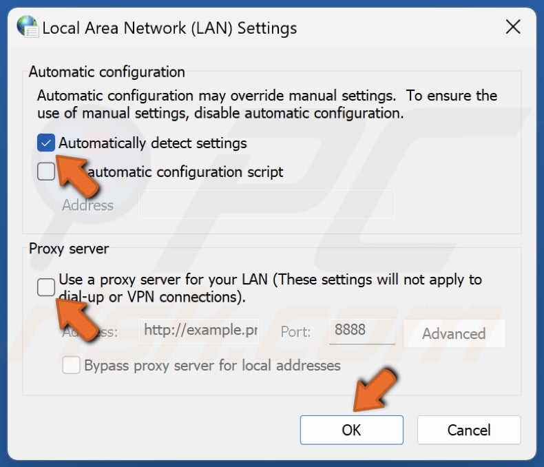 Unmark Use a proxy server for your LAN and mark Automatically detect settings