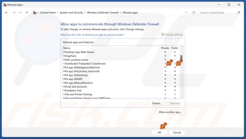 Mark the Private and Public checkboxes next to EABackgroundService, EAConnect_microsoft, EADesktop, EAGEP, EALocalHostSvc, and click OK