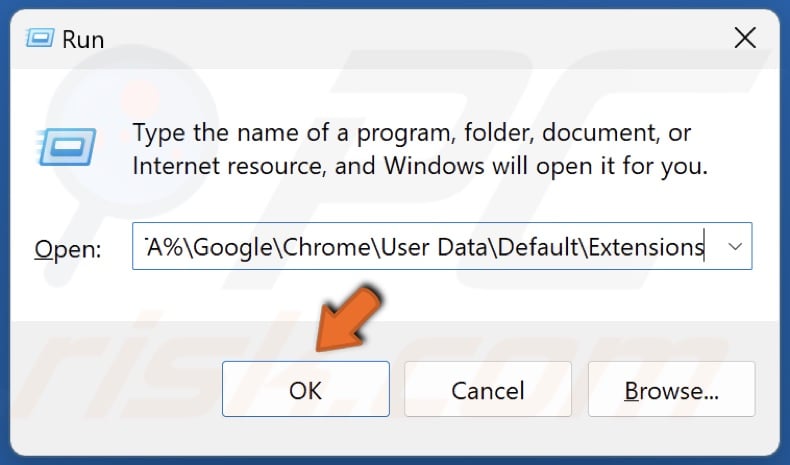 Type %LOCALAPPDATA%GoogleChromeUser DataDefaultExtensions in Run and click OK