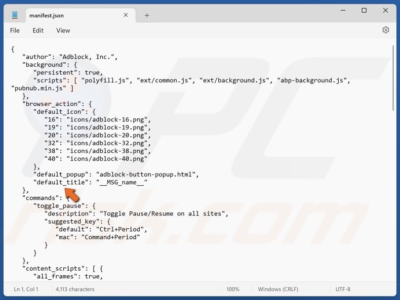 The default_title line will contain the name of the extension