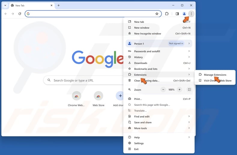 Click the three-dot button at the top-right corner, select Extensions, and click Manage Extensions