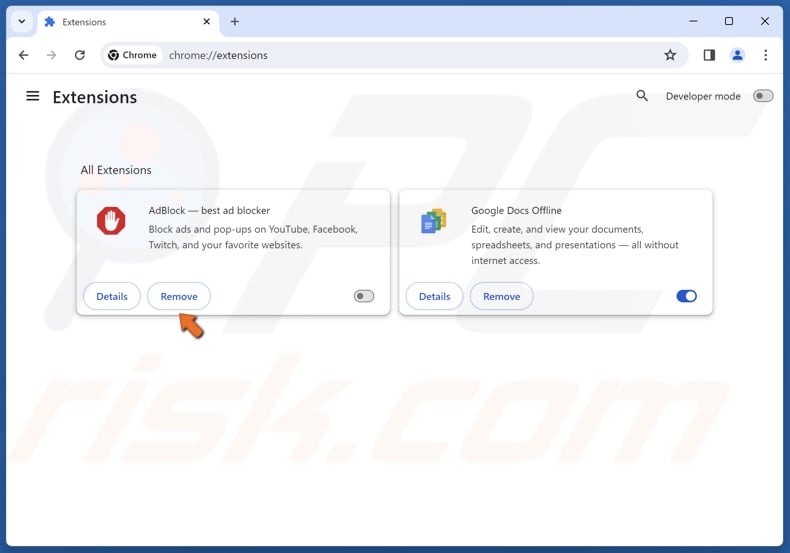 Click the Remove button next to an extension