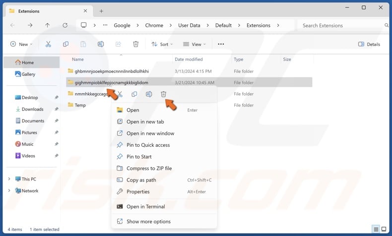 Right-click the folder and click Delete