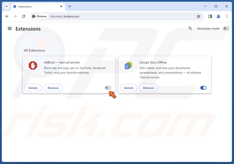 Toggle off the slider next to an extension