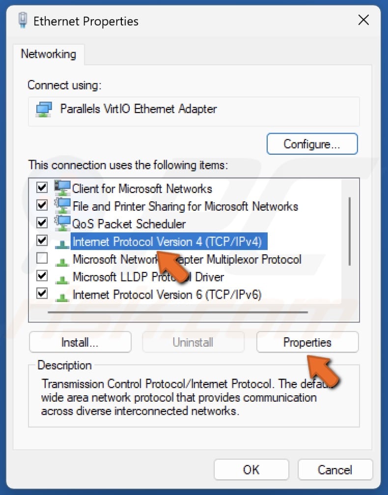 Select Internet Protocol Version 4 (TCP/IPv4) and click Properties