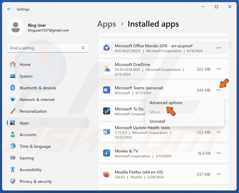 Click the three-dot button next to Microsoft Teams and select Advanced options