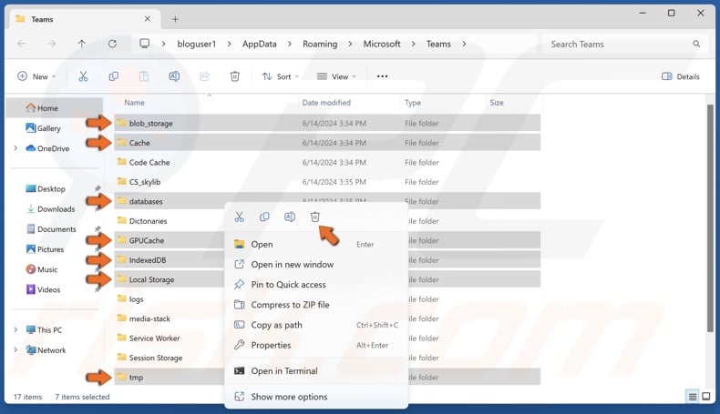 Delete blob_storage, Cache, databases, GPUCache, IndexedDB, Local Storage, and tmp folders
