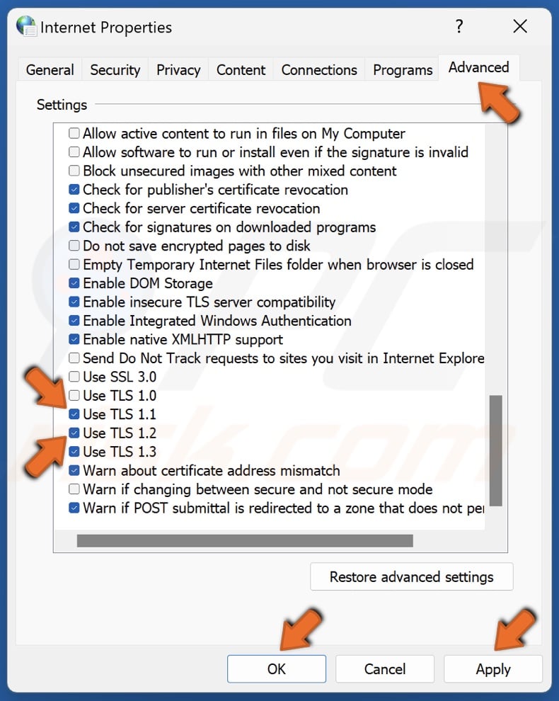 Mark the checkboxes next to Use TLS 1.1 and Use TLS 1.2