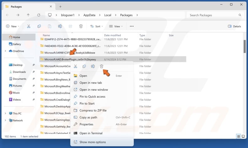 Right-click the Microsoft.AAD.BrokerPlugin_cw5n1h2txyewy folder and click Delete