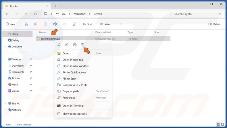 Right-click the TokenBindingKeys folder and click Delete