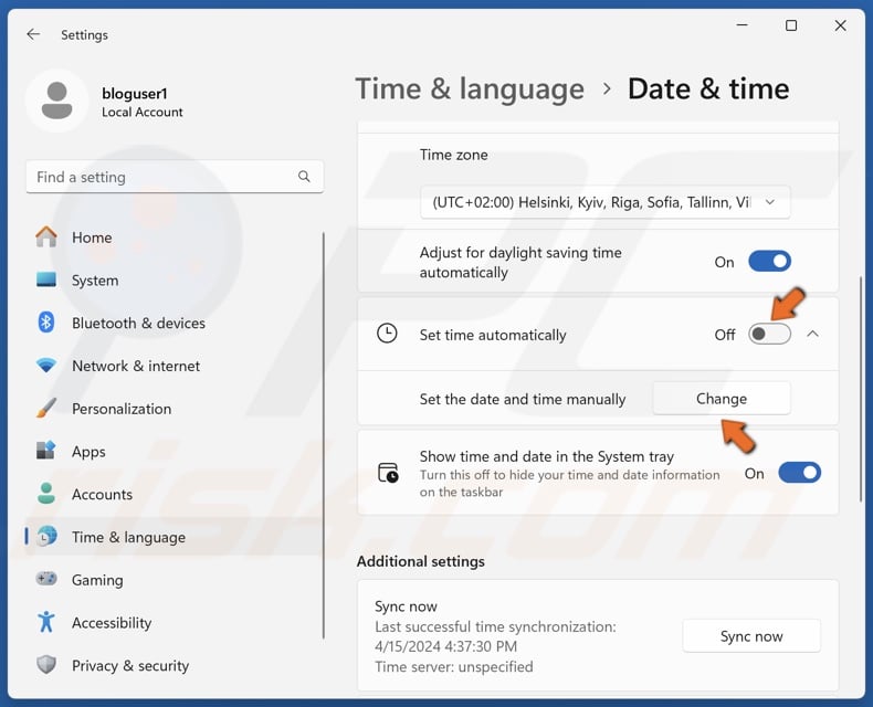 Toggle off the Set time automatically option and click Change