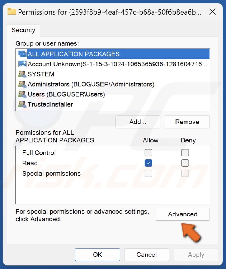 In the Permissions window, click Advanced