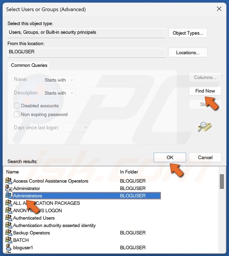 Click Find Now, select Administrators and click OK