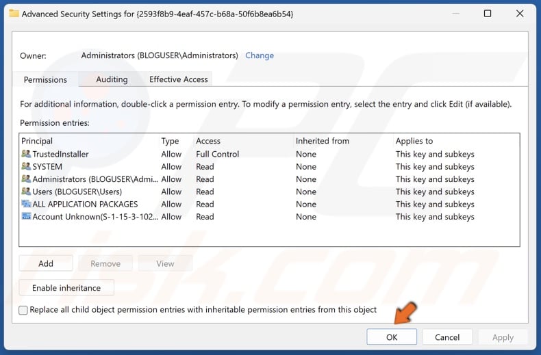 In Advanced Security Settings, click OK
