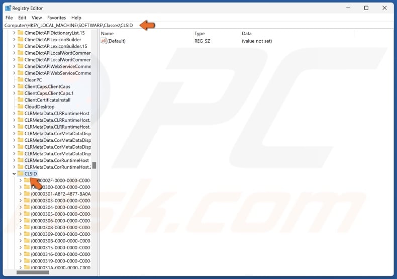 Go to HKEY_LOCAL_MACHINESOFTWAREClassesCLSID
