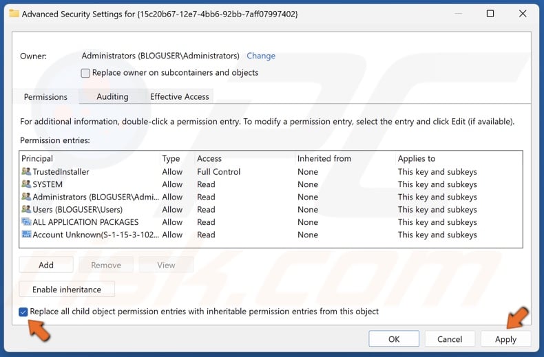 Mark the checkbox next to Replace all child object permission entries with inheritable permission entries from this object and click Apply