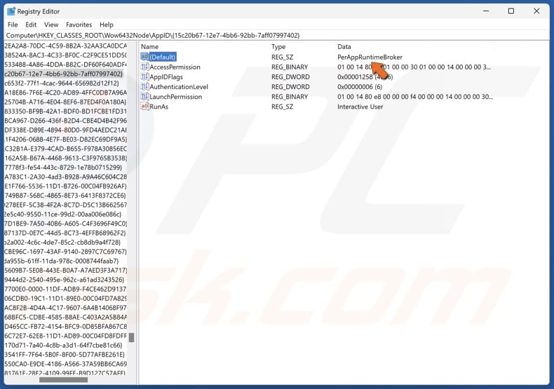Note the App or service name in the (Default) key's Data line