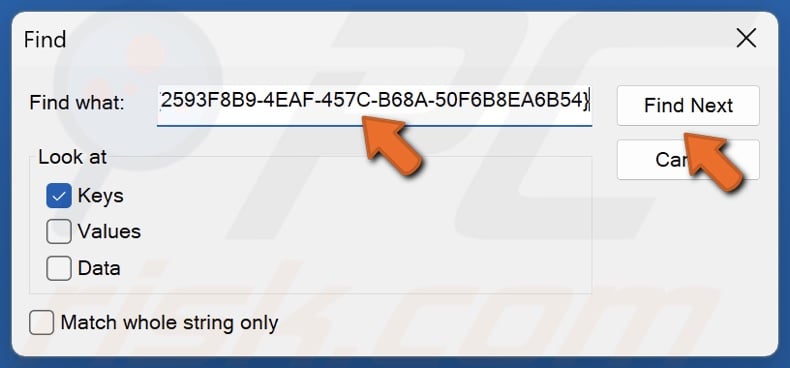 Paste the CLSID and click Find Next
