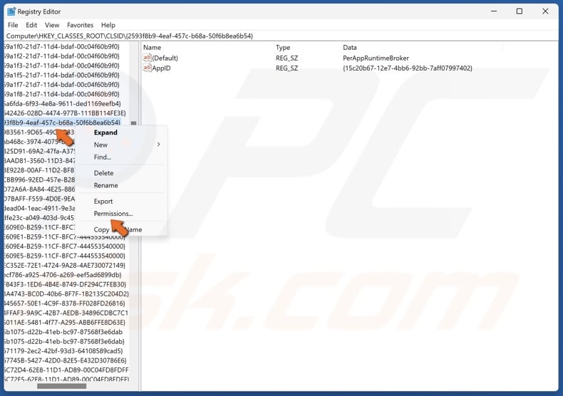 Right-click the relevant CLSID and click Permissions