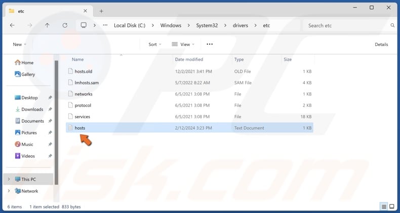 Move the newly created hosts file from your desktop into the folder