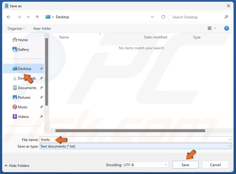 Name the file as hosts, choose to save it on your desktop, and click Save