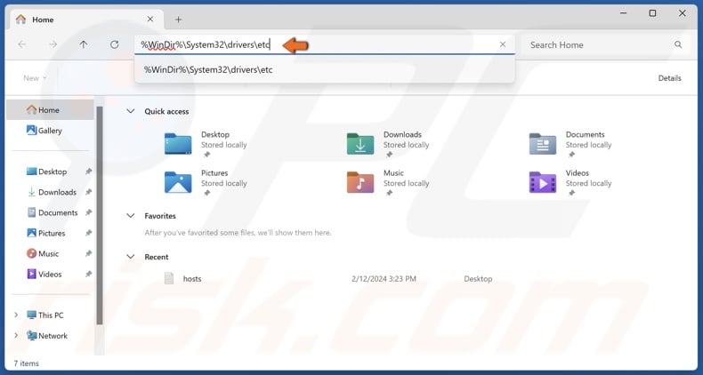 Type %WinDir%System32driversetc in the File Explorer Address bar and click OK