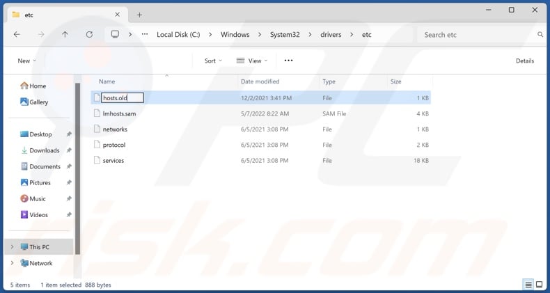 Rename the file to hosts.old and save it