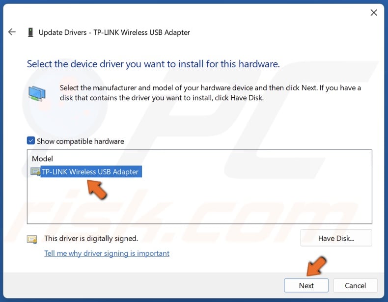 Select a driver from the list and click Next