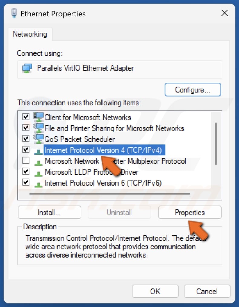 Select Internet Protocol Version 4 (TCP/IPv4) and click Properties