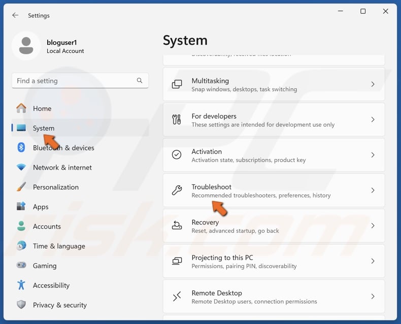 Select System and click Troubleshoot