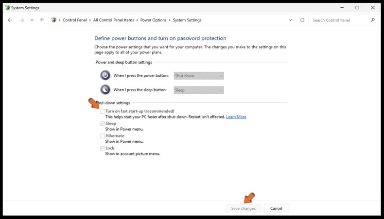 Deselect the checkbox next to Turn on fast startup (recommended)