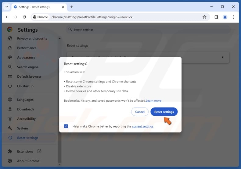 Click Reset settings
