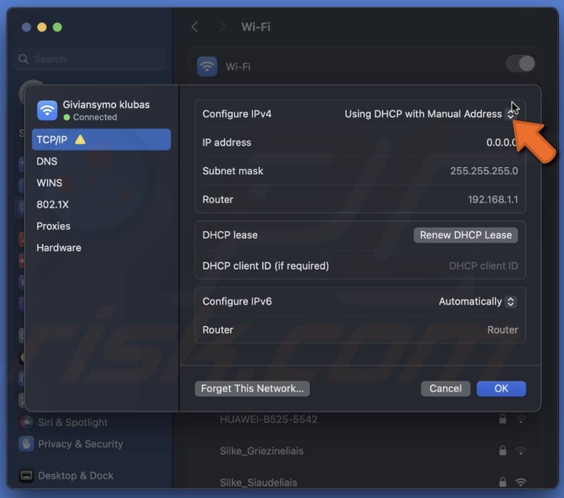 Select Using DHCP with manual address