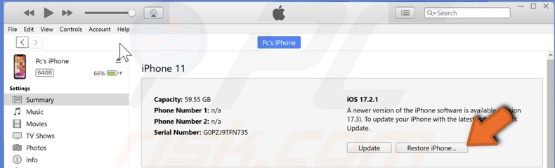 Click Restore iPhone