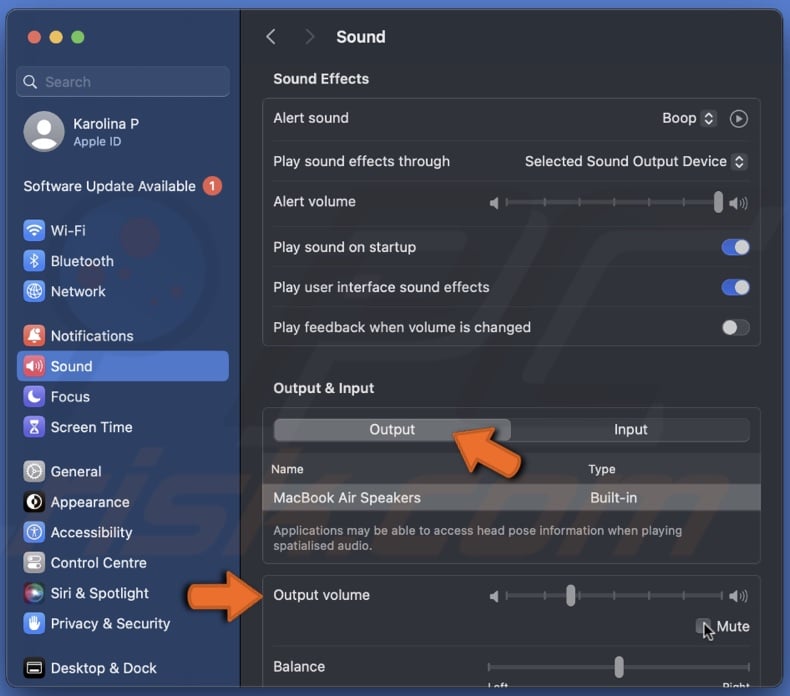 Check sound output settings