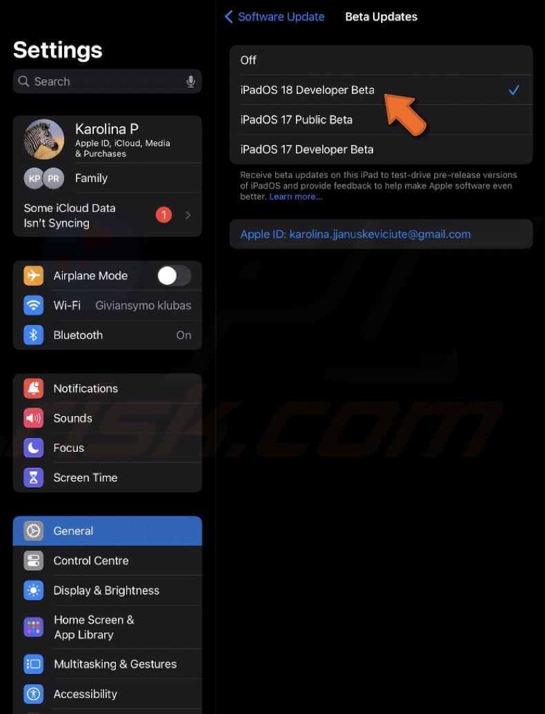 Select iPadOS 18/iOS 18 Developer Beta