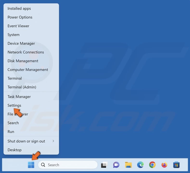 Right-click Start and click Settings