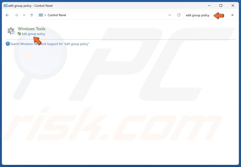Type Edit group policy in the Control Panel search box and click the Edit group policy result