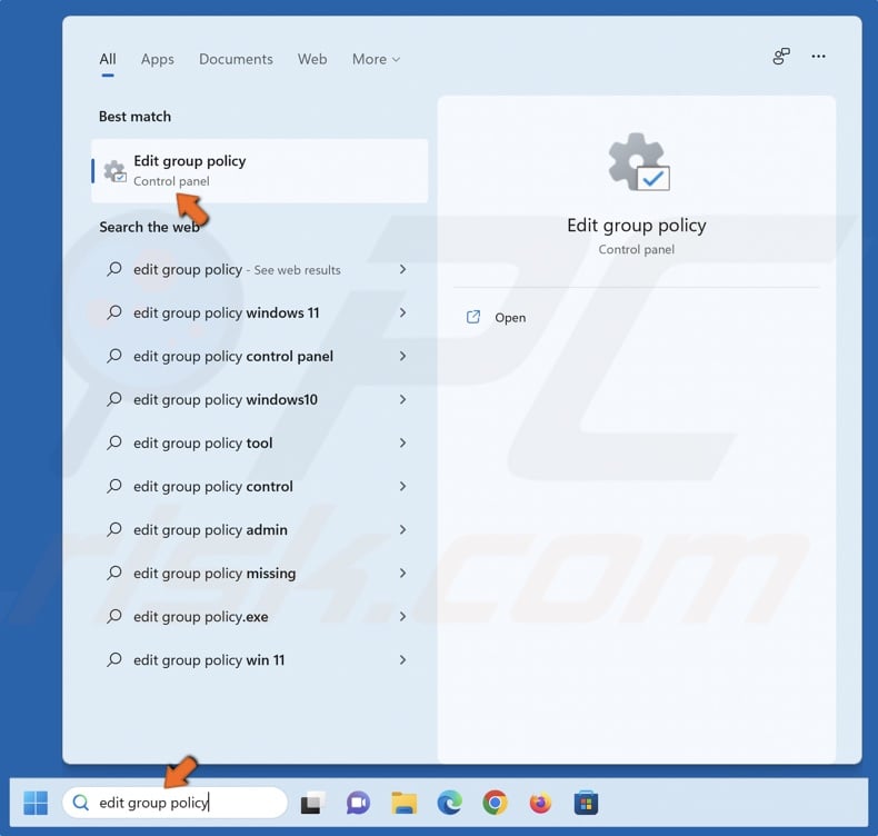 Click on the Search box or hold down Ctrl+S keys to open the search menu and type in Edit group policy